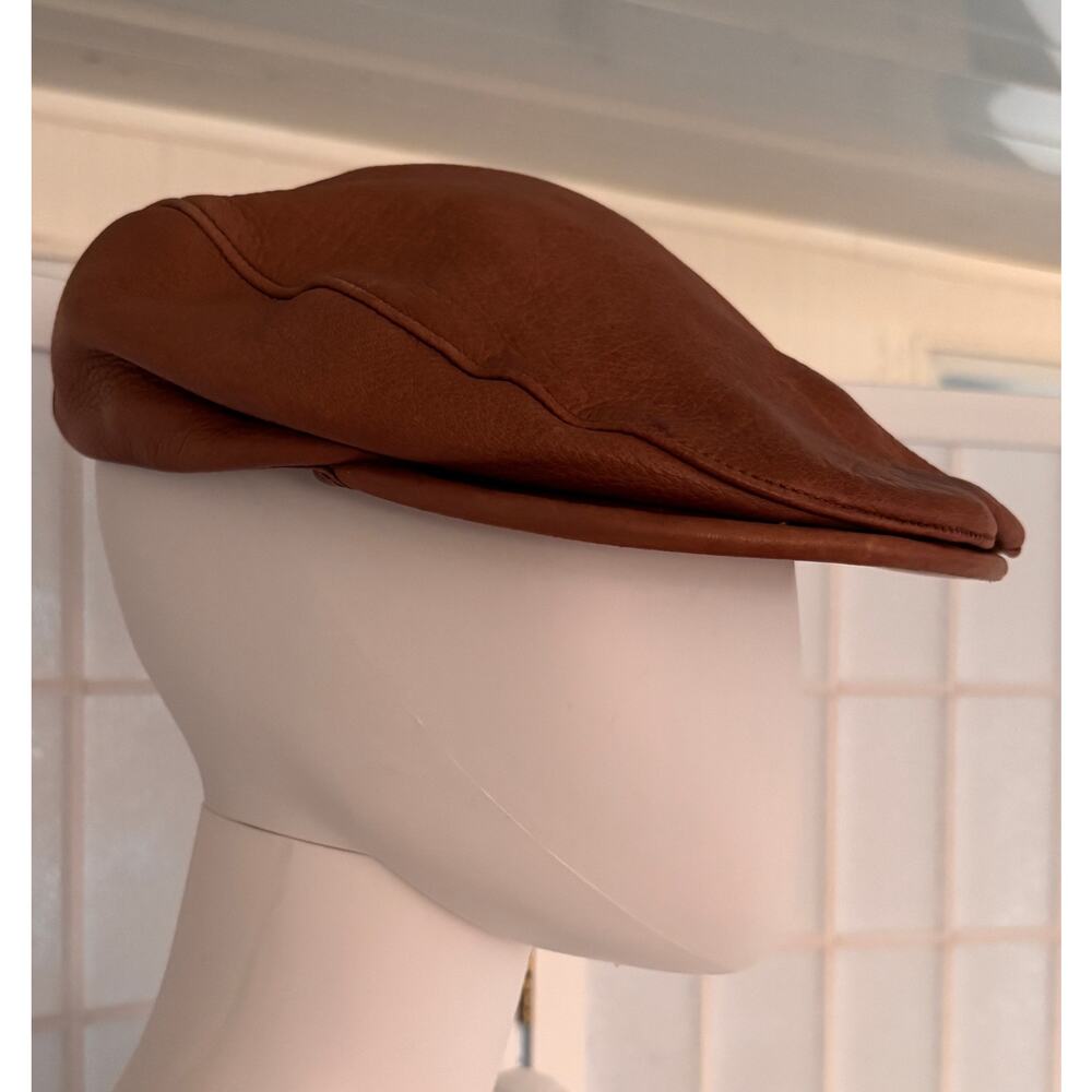 Orvis Genuine Deerskin Leather Driver Cap Brown Large Snap Bill Newsboy Hat - Picture 2 of 11